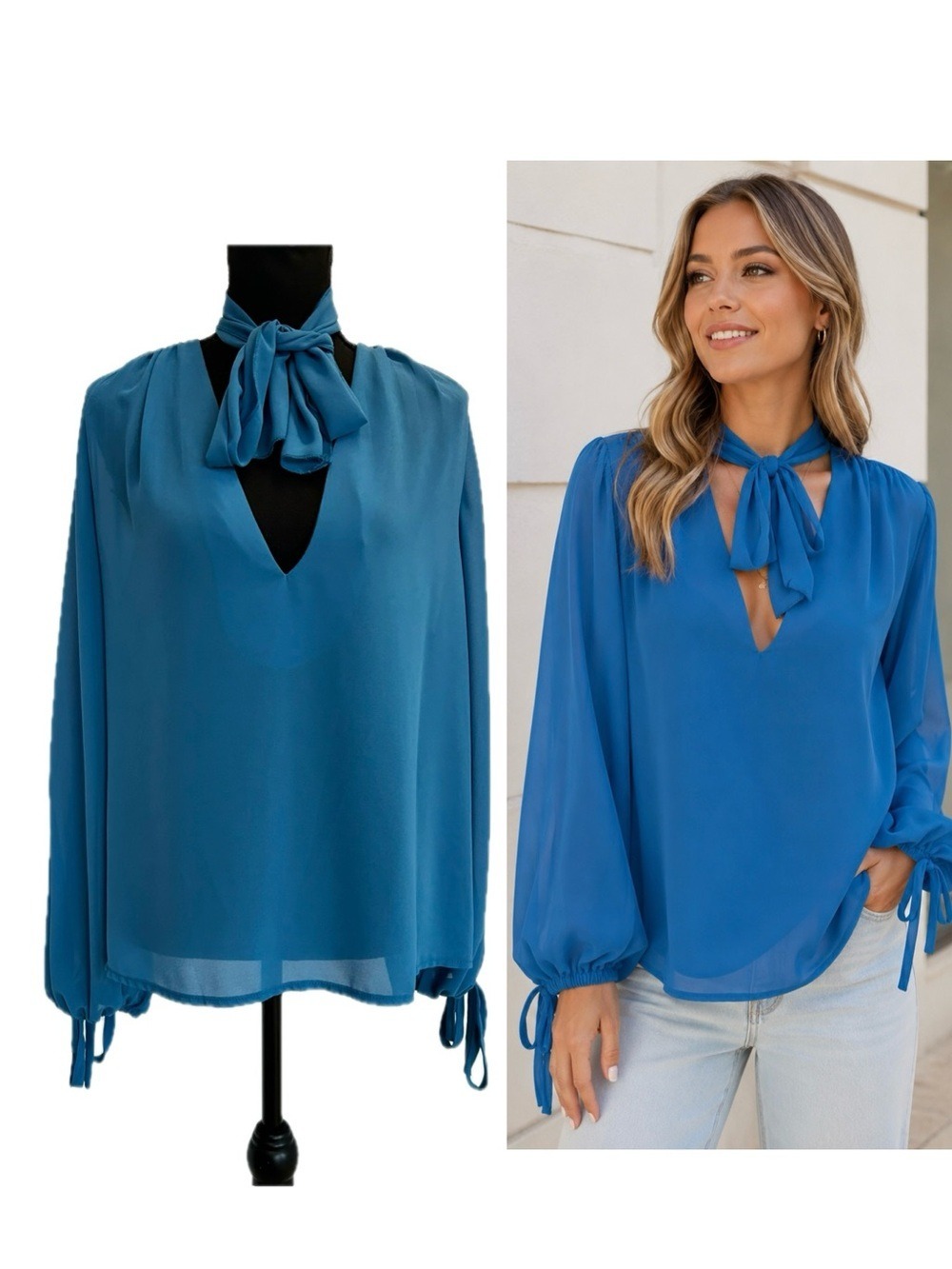 Women’s Blue Sheer Chiffon Tie-Neck Blouse Balloon Sleeves Size M